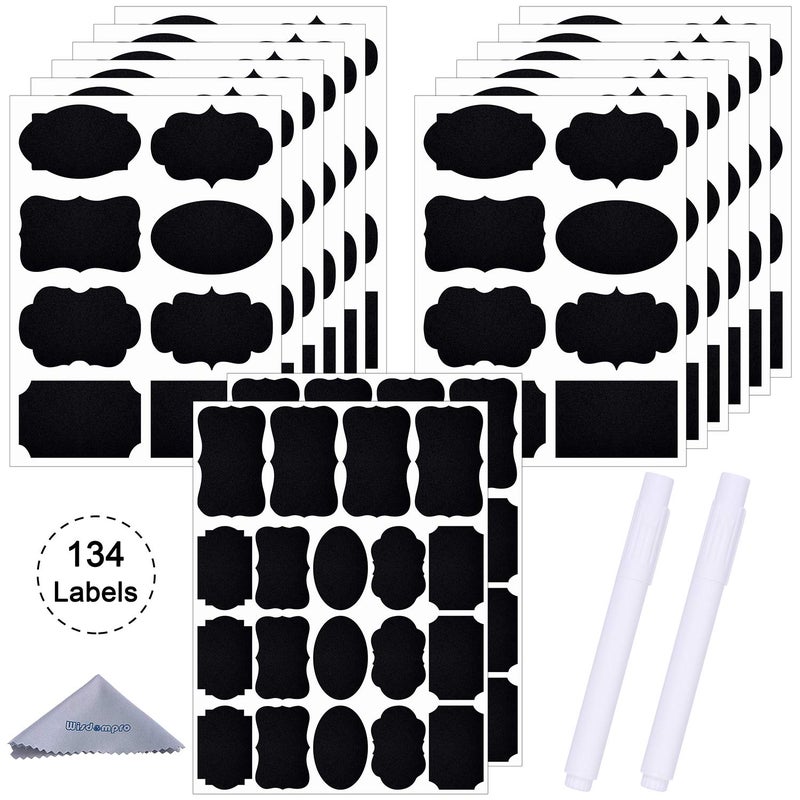 Wisdompro Chalkboard Labels, 134 Pcs Waterproof, Reusable & Removable Blackboard Stickers with 2 Chalk Marker for Storage Bins, Food Container, Mason Jars, Bottles - 3 Sizes with Pen - Image 1